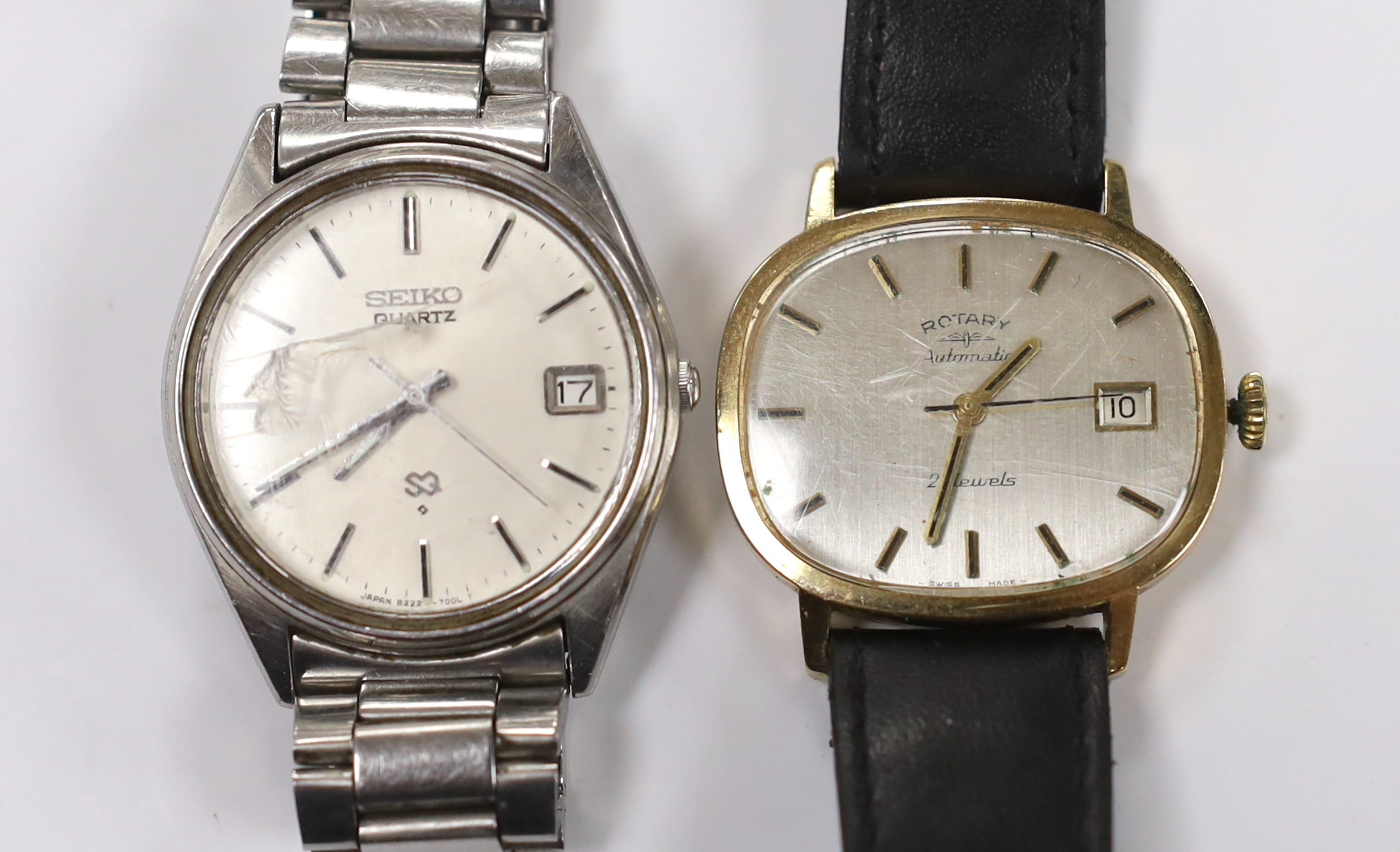 A gentleman's 1970's 9ct gold Rotary automatic wrist watch, with case back inscription, together with a gentleman's stainless steel Seiko quartz wrist watch.